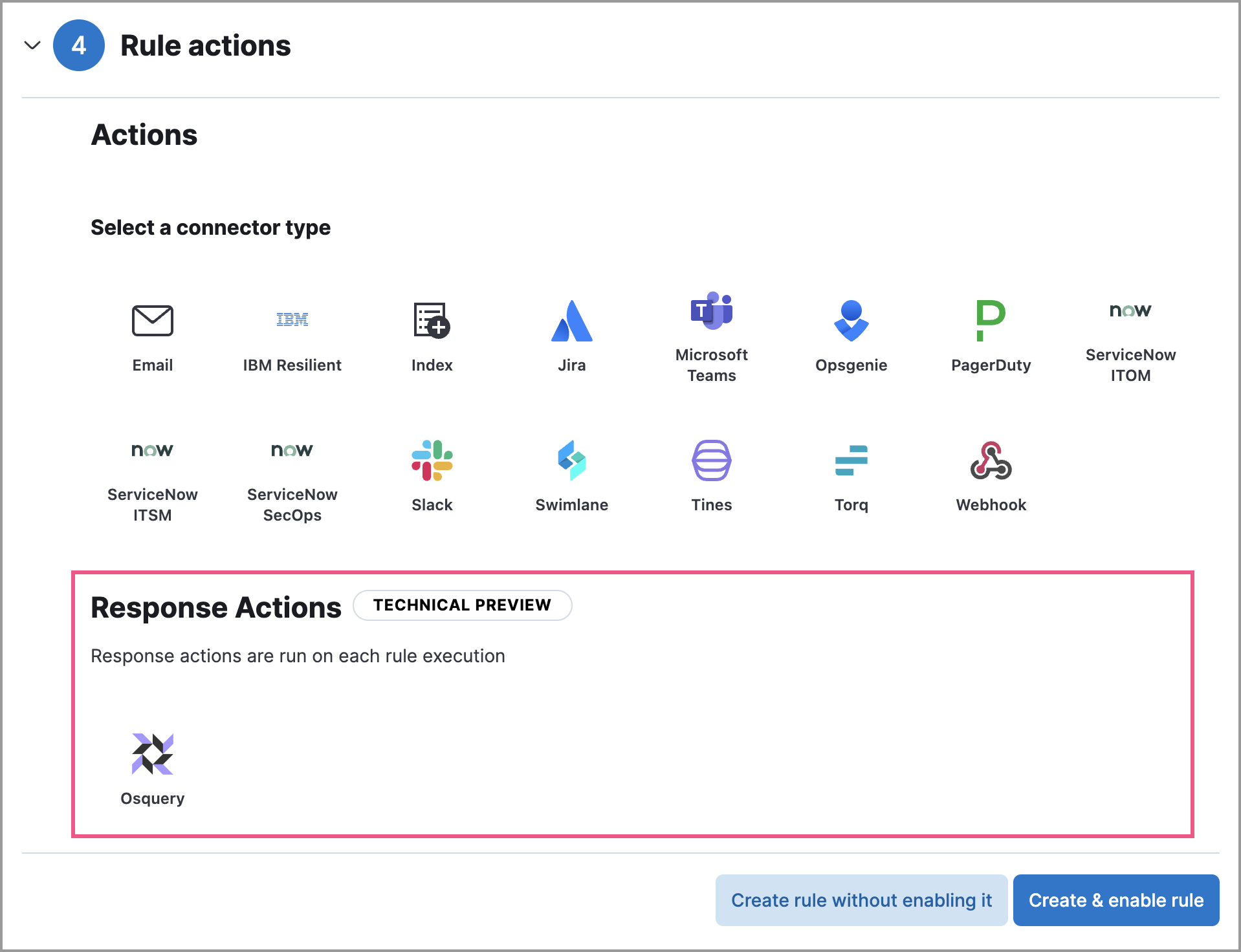 Shows available response actions